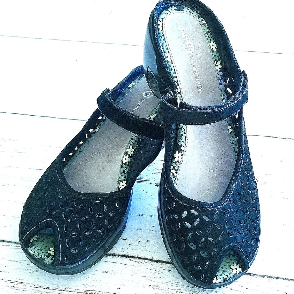 J-41 Adventure On Black Mary Jane Slip On Open Toe Clog Shoes